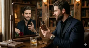 A sharply dressed man in a tuxedo preparing for an evening out, featuring a bottle of dark tobacco cologne.