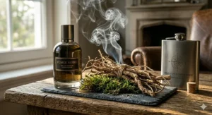 A high detail close-up of gnarled, raw vetiver roots and green forest moss on a rustic slate coaster, representing the earthy side of smoky cologne for men.