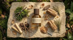 An aesthetic flatlay featuring a perfume bottle, dried leaves, and amber resin for an earthy fragrance aesthetic.