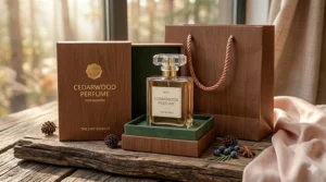 Minimalist and elegant perfume bottle design featuring a cedarwood scent profile.