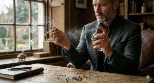 A well-groomed man spraying the dark glass smoky cologne bottle onto his wrist pulse point in front of a rustic wood table.