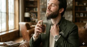 Close-up of a man spraying sweet tobacco cologne onto his pulse points at the wrist and neck.