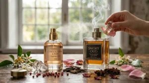 A step-by-step guide illustration showing how to layer a bold smoky perfume for women with lighter floral or citrus scents.
