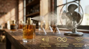 A high-detail photograph of a strong, wide mist spray of a leather perfume caught in natural daylight against a softly blurred workbench with sillage-enhancing tools, symbolizing maximum projection and longevity.