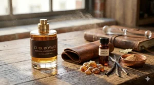 A detailed ingredient spread of raw leather, tobacco, saffron, vanilla, and amber resin surrounding an open book titled 'SCENT AND LEATHER' under natural light.