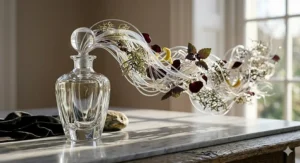 A 4K photorealistic illustration showing an abstract, artistic trail of scent emanating from a luxury chypre perfume flacon, symbolizing long-lasting sillage with intricate details of oakmoss and bergamot.