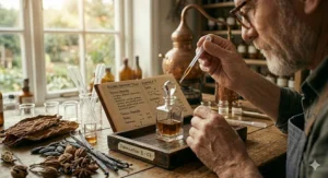 A premium glass cologne bottle releasing a fine mist spray, showcasing a rich scent trail designed by an expert tobacco fragrance perfumer.
