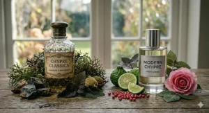 A 4K photorealistic illustration contrasting a vintage, heavily faceted classic chypre bottle surrounded by oakmoss, with a sleek, minimalist modern chypre bottle surrounded by fresh bergamot and pink pepper, on a rustic wood surface.