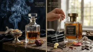 A split-screen illustration comparing a classic vintage incense fragrance with a modern leather and sweet smoky perfume for women.