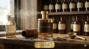 A detailed photorealistic close-up of the 'CUIR NOIR' niche leather perfume bottle from image_11.png, now sitting on a worn mahogany shelf in a sunlit apothecary shop, surrounded by artisanal ingredients like real vanilla beans, dried patchouli, and a small glass jar labeled 'AGARWOOD ESSENCE' with a small gold foil plaque indicating artisanal quality.