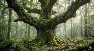 A majestic oak tree covered in thick green moss, the natural source of oakmoss perfume ingredients.