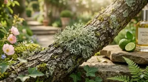Green oakmoss on a tree branch illustrating the earthy foundation of affordable chypre perfumes.