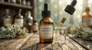 An amber apothecary bottle of oakmoss essential oil with a glass dropper on a wooden table.