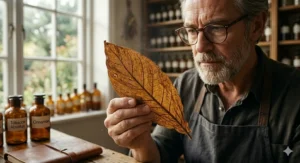 Close-up of a master artisan evaluating a fragrance profile on a paper scent strip to create the best tobacco fragrance.