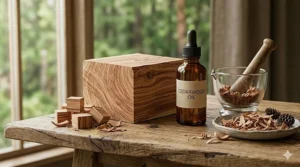 Freshly cut cedarwood blocks and an essential oil dropper illustrating the natural ingredients in top-rated colognes.