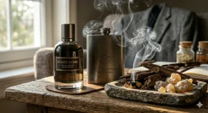 Dark oud wood blocks and raw frankincense tears on a rustic stone tray releasing aromatic smoke for a rich smoky cologne for men.