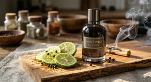 Fresh bergamot slices and black peppercorns next to a smoky cologne for men to illustrate spicy opening fragrance notes.