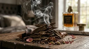 A detailed illustration of rich ingredients used in smoky perfume for women, featuring burning agarwood, tobacco leaves, and spices.