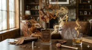 An artistic visual representation of smoky and sweet fragrance trails swirling around a men's tobacco cologne bottle.