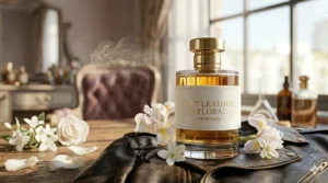 A sophisticated women's perfume bottle, with a gold cap and a white suede band embossed 'SOFT LEATHER & FLORAL FOR WOMEN', resting on a black leather motorcycle jacket in a sunlit boudoir, surrounded by fresh white jasmine and pale iris flowers.