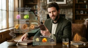 An infographic showing the fragrance notes of tobacco cologne for men, including sweet vanilla, spicy cinnamon, and rich tobacco leaf.