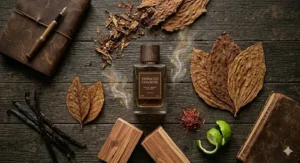 A flat lay of a modern tobacco scented cologne for men surrounded by raw tobacco leaves, cedarwood blocks, and vanilla pods.
