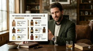 A side-by-side comparison lineup of affordable and luxury tobacco cologne brands for men.