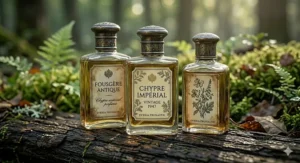 A collection of vintage chypre style perfume bottles containing oakmoss-based scents.