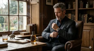 A sophisticated, sharply dressed man adjusting his suit cuff in a private lounge, capturing the mood of a masculine smoky cologne for men.