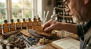 A cozy winter evening setting with a glass of whiskey, a wool coat, and a bottle of the best tobacco fragrance.