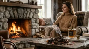 An illustration of a cozy winter setting next to a fireplace, representing the perfect season for a smoky perfume for women.