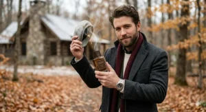 A man in a heavy wool coat applying a warm tobacco cologne during the autumn season.