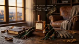 A detailed photorealistic 4K illustration featuring the Night Cigar evening tobacco fragrance bottle on a wood table, surrounded by a heavy wool scarf and dried autumn leaves, with subtle background text reading "THE EVENING TOBACCO COLLECTION - AUTUMN / WINTER," all bathed in warm natural light.