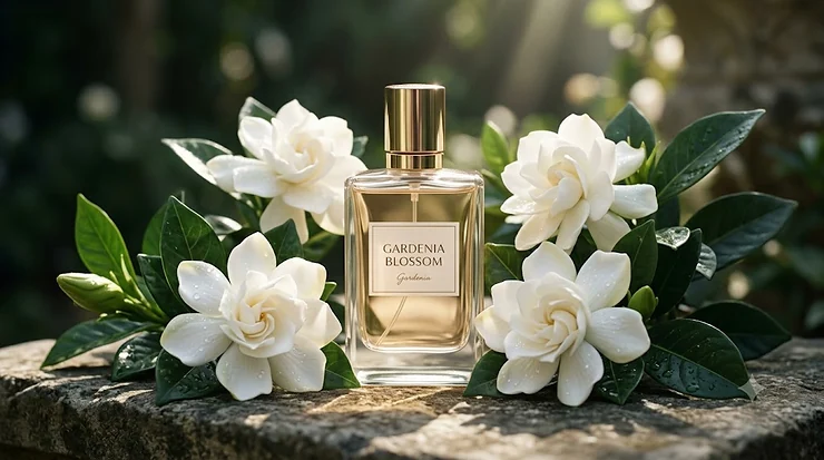 luxury crystal perfume bottle surrounded by blooming white spring gardenia flowers and fresh green leaves on a soft pastel background.
