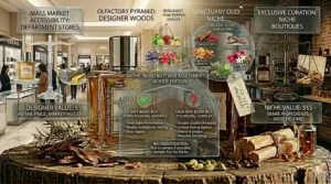 A decision matrix illustrating the safety of blind buying designer scents versus sampling niche woody perfumes.