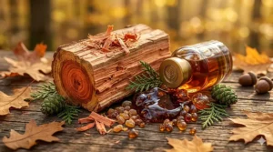 Warm amber resin and fresh cedar shavings illustrating the base notes of popular fall woody perfumes.