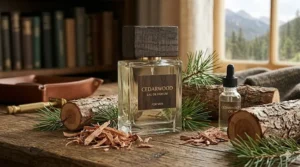 A high-detail photorealistic illustration focused on the 'CEDARWOOD FOR MEN' cologne bottle from the featured image, isolated on a larger section of weathered oak. It is surrounded by an rich assortment of fresh pine needles, rugged cedar logs, and an abundance of cedar wood shavings, capturing the crisp, earthy aroma in natural daylight.