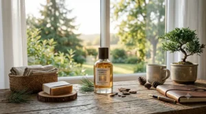 Fresh green pine needles and shaved cedar wood blocks representing earthy ingredients in men's cologne.