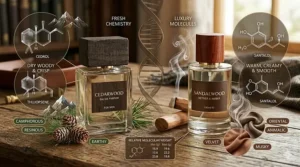 An infographic, in the detailed photorealistic style of the featured image, illustrating the fragrance profiles of cedarwood vs sandalwood cologne. Detailed molecular structures for specific scent compounds (e.g., Cedrol, Santalol) are shown, along with text labels highlighting dry woodsy notes for cedarwood versus warm, creamy, and smooth notes for sandalwood, all against the same rustic wooden table setting.