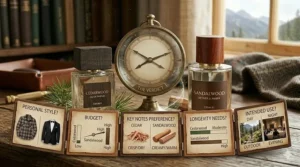 A 4K photorealistic decision matrix infographic, set on aged oak. The specific Cedarwood and Sandalwood cologne bottles from the comparison image frame an elaborate central brass and glass decision dial. Integrated illustrative panels guide the user through questions like 'PERSONAL STYLE?', 'BUDGET?', 'KEY NOTES PREFERENCE?', 'LONGEVITY NEEDS?', and 'INTENDED USE?', using photorealistic scenes of a flannel shirt, tuxedo, raw wood, and performance scales, culminating in 'THE VERDICT'. Rustic background details and natural daylight are maintained.