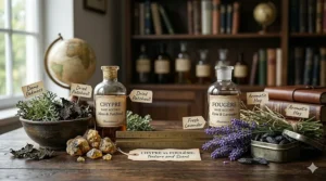 Raw fragrance elements highlighting a classic chypre structure, including oakmoss, fresh bergamot citrus, and rich patchouli.