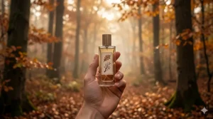 A close-up shot of a hand delicately holding a glass perfume bottle in a misty autumn forest, capturing the essence of fall woody perfumes.