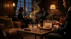 A detailed 4K photorealistic illustration of a dimly lit, luxurious evening lounge with leather chairs and a fireplace, where bottles of the Night Cigar evening tobacco fragrance are subtly displayed on a wooden table, creating a warm and sophisticated atmosphere.