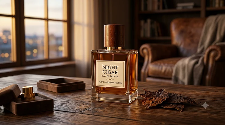 A detailed 4K photograph of a glass bottle of evening tobacco fragrance on a wooden table, with dried tobacco leaves and a cozy study in the background at sunset.