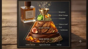 Detailed infographic pyramid illustration breaking down the top, heart, and base notes of the fragrance from image_0.png, using rich textures of dark wood, tobacco leaves, and amber, illuminated by warm evening light.
