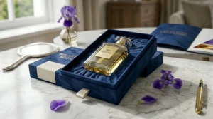 High-end minimalist packaging of a luxury iris perfume bottle, illustrating the premium price tag and unboxing value.