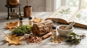 A visual breakdown of scent notes in fall woody perfumes featuring cedarwood, sandalwood, and patchouli elements.
