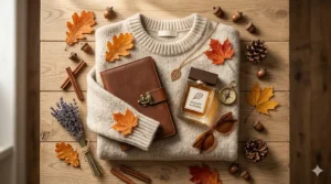 Minimalist flat lay of autumn fashion accessories, a woolen sweater, and a signature fall woody perfume bottle.