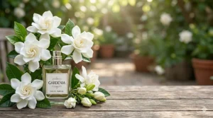 Side-by-side comparison of a lush, multi-petaled white gardenia flower and a slender stem of small tuberose blossoms.