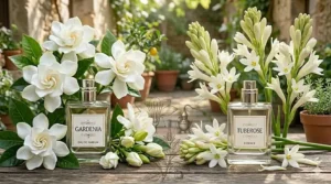A comparative bar graph analyzing the heavy sillage and long-lasting wear time of tuberose against the softer, intimate projection of gardenia perfume.